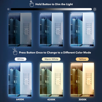 Nora Rectangular Frameless Anti-Fog Aluminum Back-lit Tri-color LED Bathroom Vanity Mirror with Smart Touch Control - JONATHAN Y